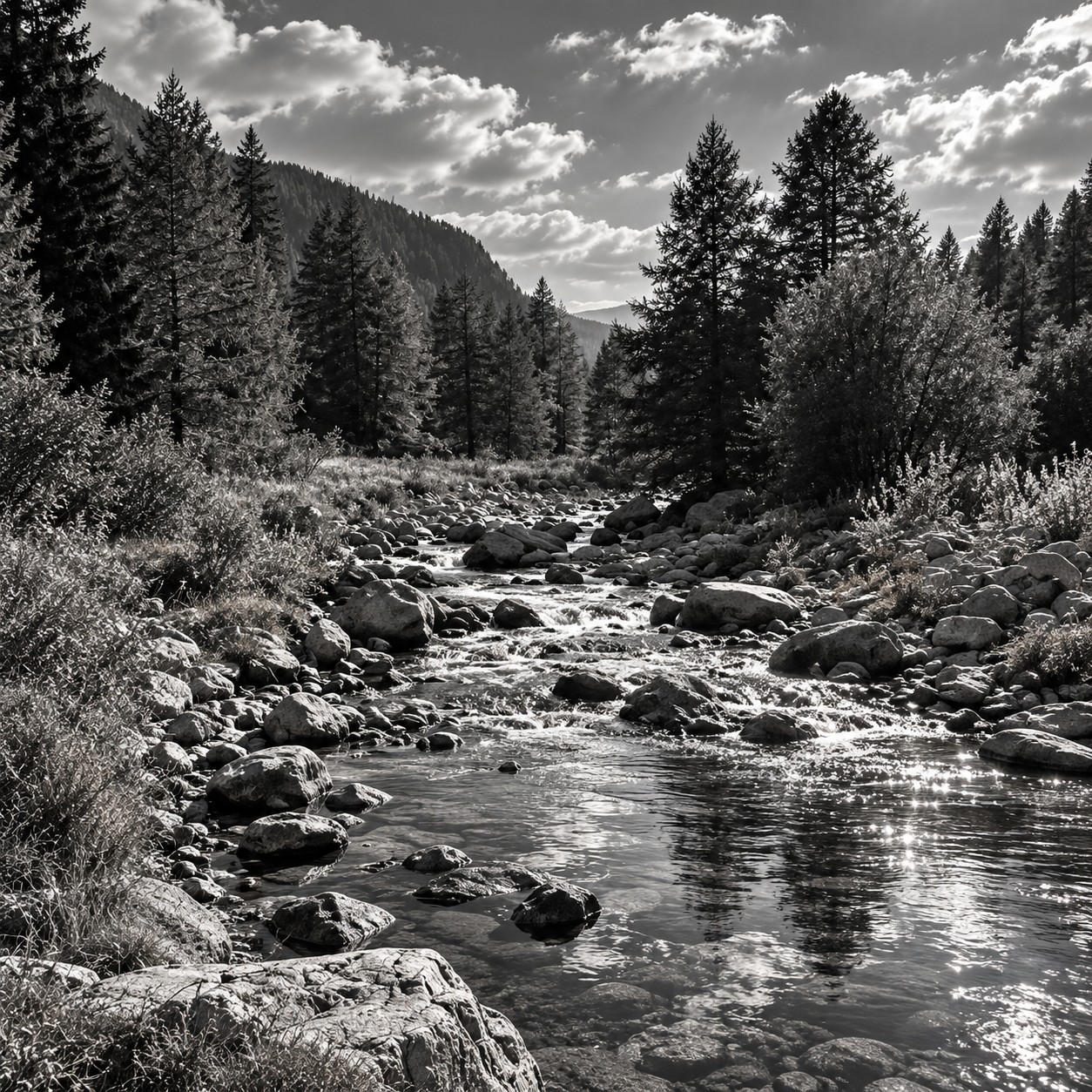 Le mouvement de l’eau rencontre les ombres de la forêt.